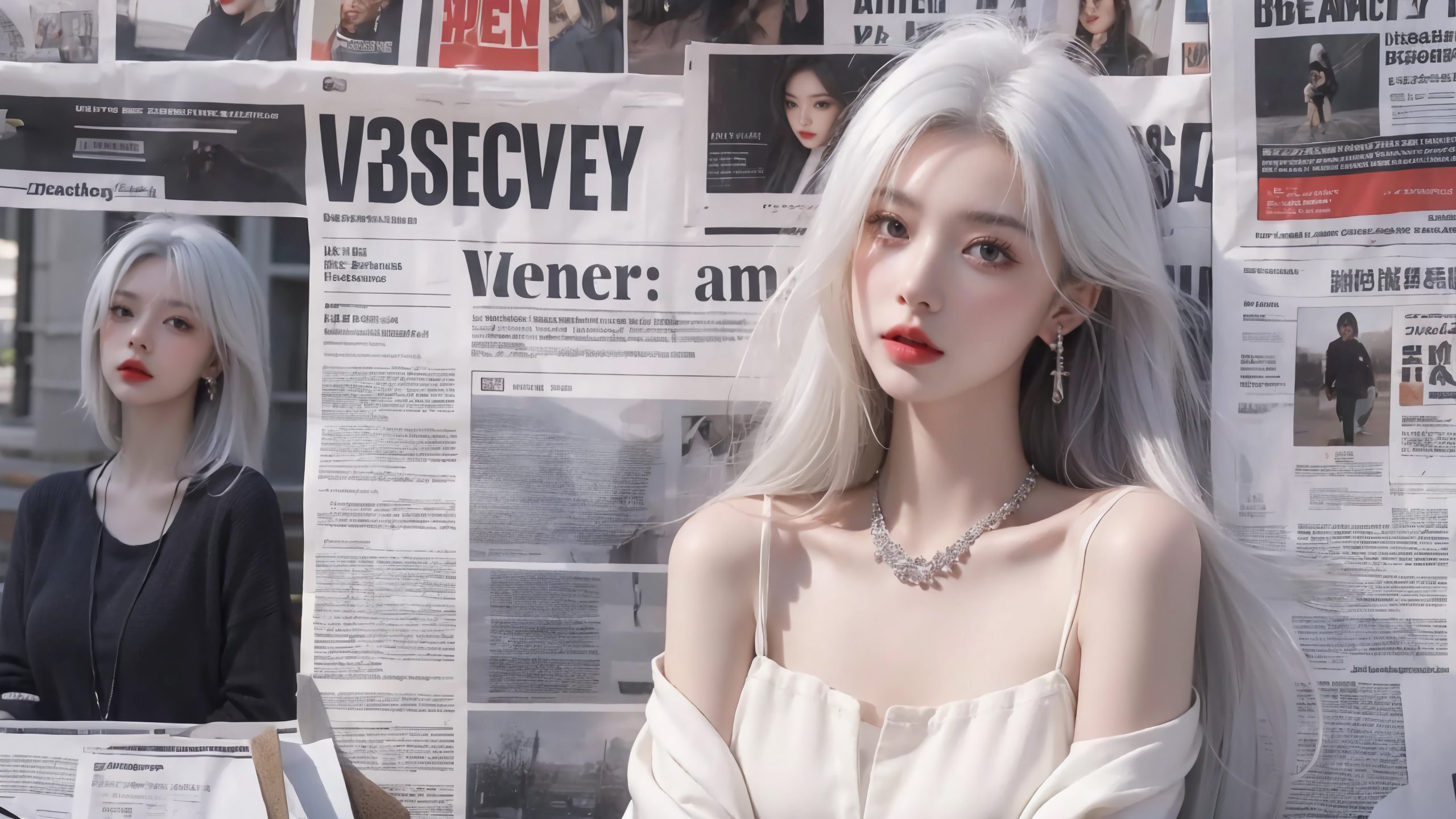 【哲风壁纸】女生-报纸墙1